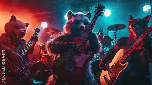 A group of animals posing like rock stars in a band, with instruments, bright lights, and dynamic poses, ideal for a playful stock photo photo