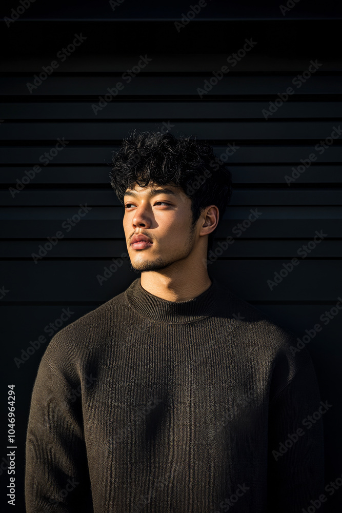 Young man with curly hair poses against a textured dark background during golden hour lighting Young man with curly hair poses against a textured dark background during golden hour lighting