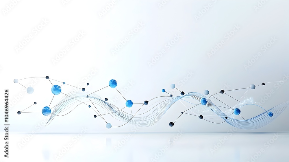 Futuristic abstract composition featuring dynamic blue waves with glowing particles flowing over a dark and white background representing technological advancements and innovation Futuristic abstract composition featuring dynamic blue waves with glowing particles flowing over a dark and white background representing technological advancements and innovation