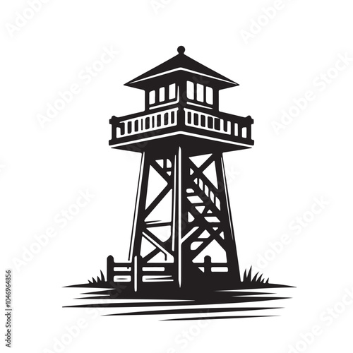 Wooden Observation Tower with Stairs and Fence