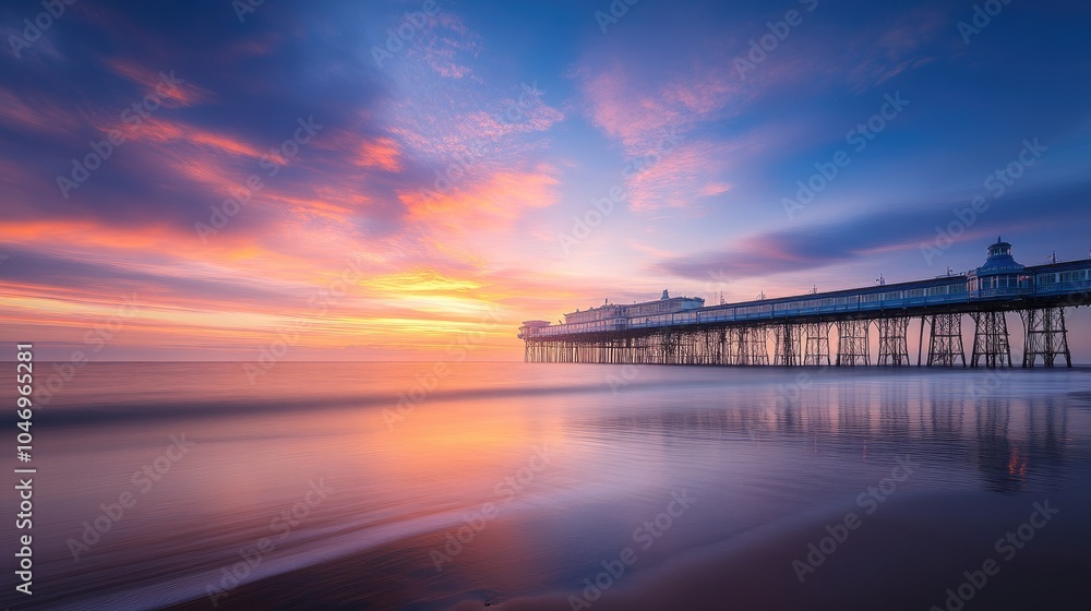 Fototapeta premium A tranquil view of Blackpool beach at sunset, with the pier extending into the water. The sky is vibrant with sunset colors, and the scene conveys a sense of calm and beauty.