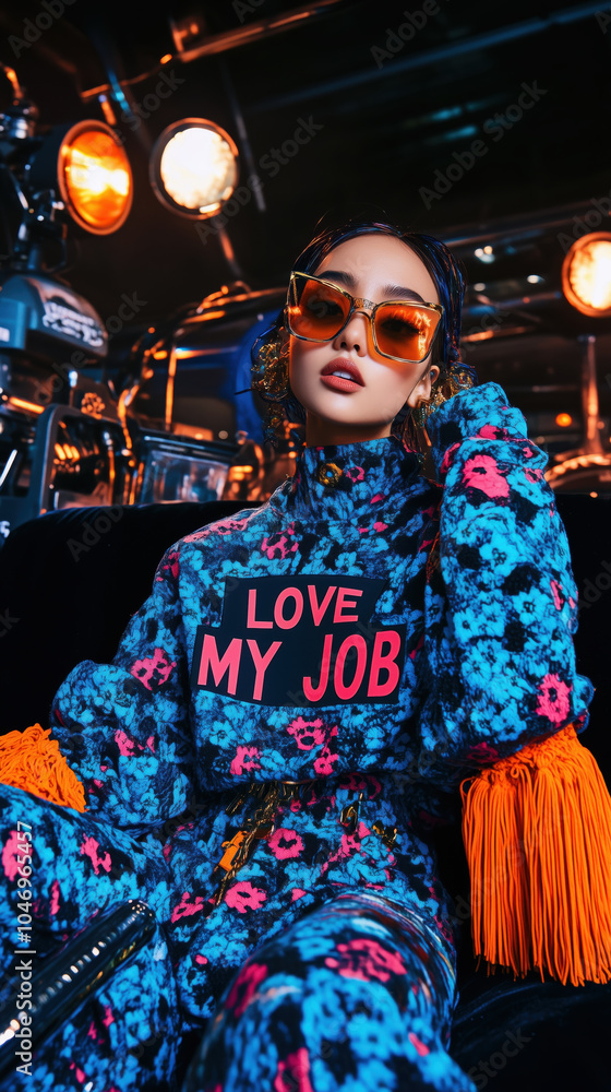 Obraz premium Colorful fashion portrait showcasing confident woman in vibrant attire