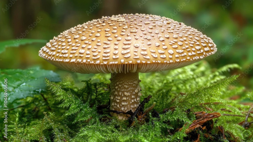 Fototapeta premium Elegant Mushroom with Dew Drops in Lush Green Forest
