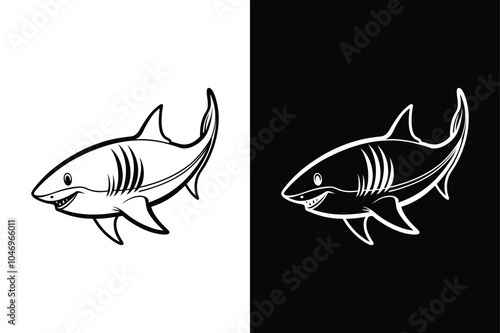 Shark lineout vector icons on a white and black background.	