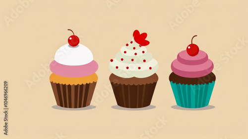 Three Colorful Cupcake Illustrations on Clear Background - Sweet Treat Collection