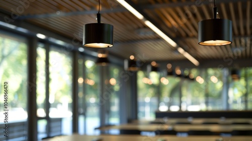 Blurred office interior with wooden slat ceiling and black modern lights hanging down with the focus on the foreground lights photo