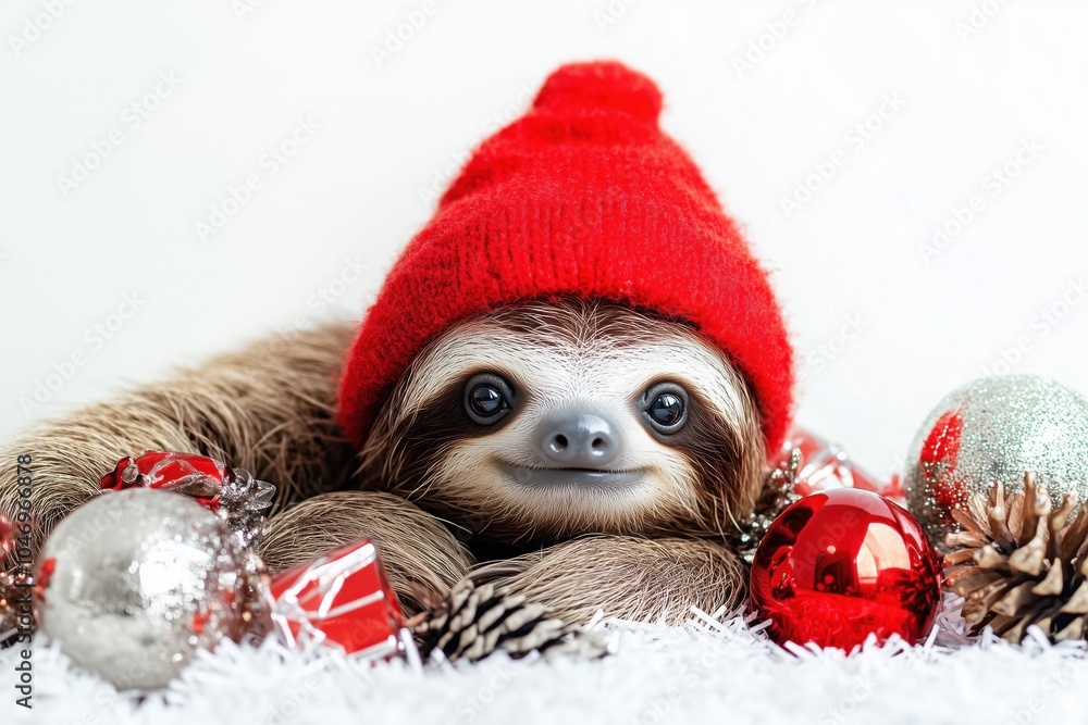 a sloth in a red knitted hat with New Year's toys and gifts on a white background a sloth in a red knitted hat with New Year's toys and gifts on a white background