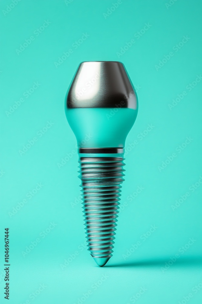 This visual showcases a dental implant with a metallic finish, highlighting its intricate design and modern features against a striking turquoise backdrop This visual showcases a dental implant with a metallic finish, highlighting its intricate design and modern features against a striking turquoise backdrop