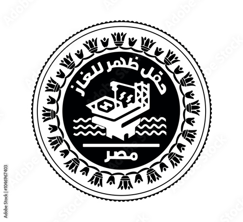 Egypt 1 pound, 2019, Zohr gas field.  Obverse of Egyptian one pound coin in vector illustration. The coin is depicted in black and white.