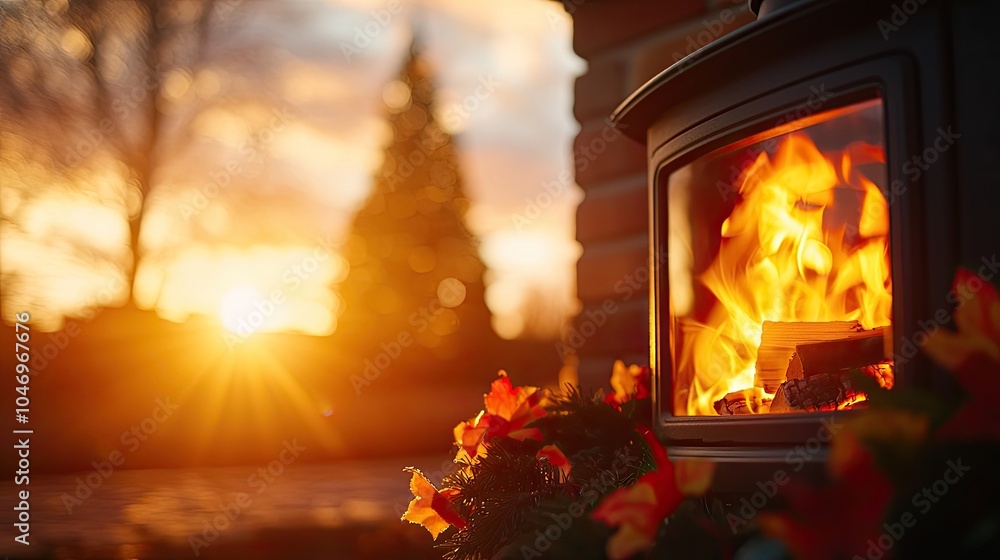Obraz premium Christmas Background, Cozy fireplace with flames against a beautiful sunset backdrop.