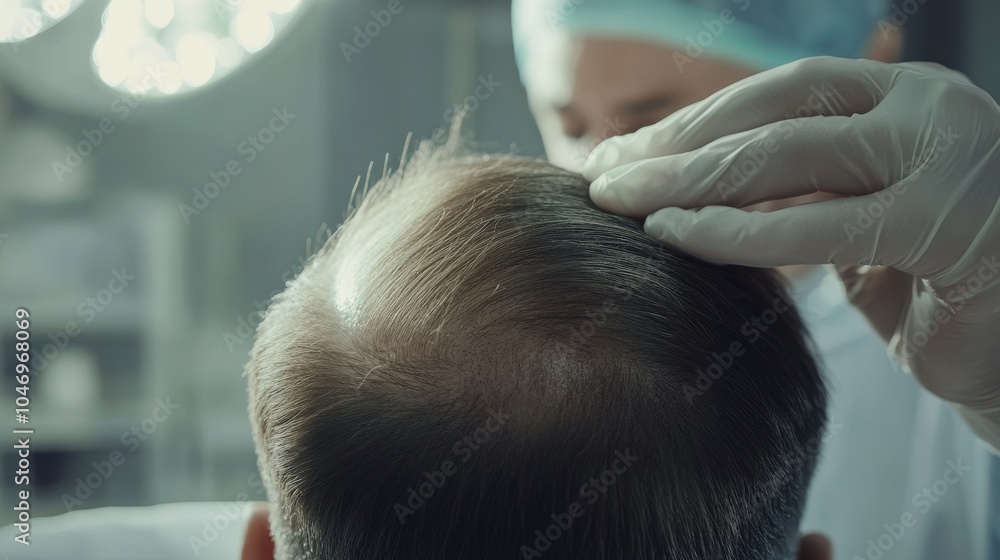 close-up of head during hair loss treatment in aesthetic clinic with gloved hands and medical equipment close-up of head during hair loss treatment in aesthetic clinic with gloved hands and medical equipment