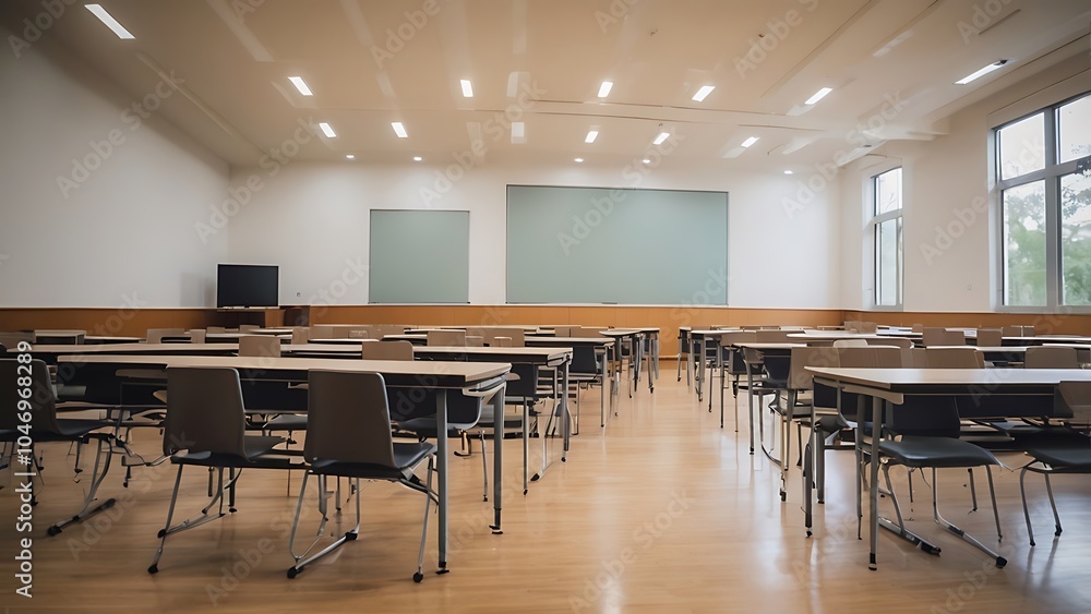 Fototapeta premium A empty classroom with wooden desks and chairs placed in rows