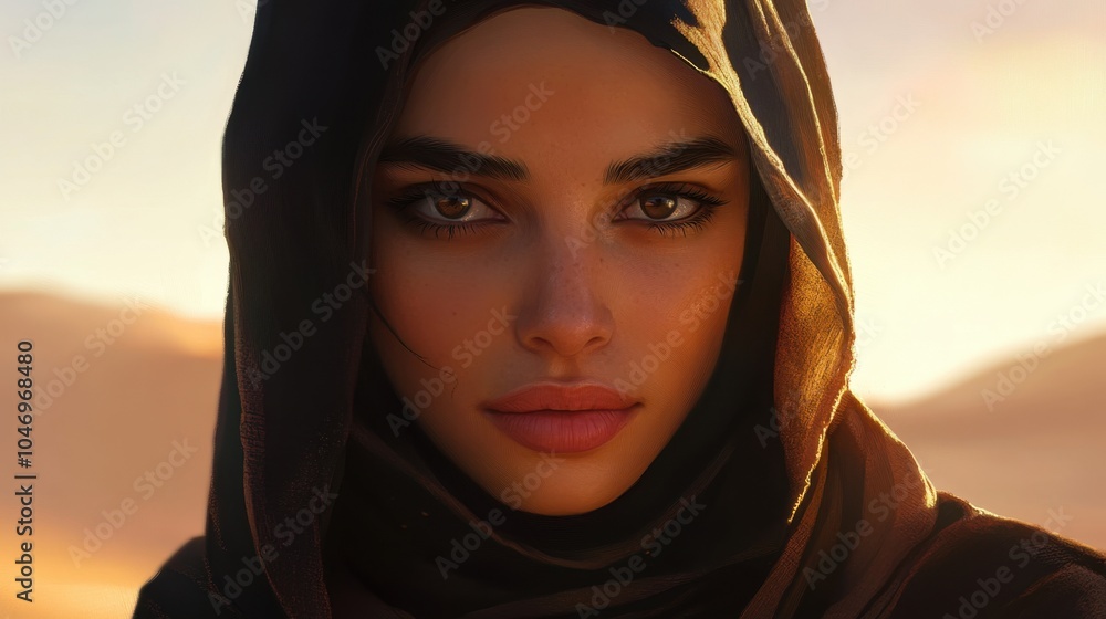 A mystical woman in a hijab, with the soft glow of evening light on her face, desert dunes stretching out behind her A mystical woman in a hijab, with the soft glow of evening light on her face, desert dunes stretching out behind her