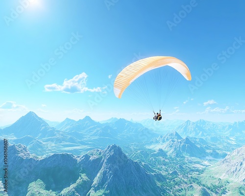 High-angle view of a vibrant mountain landscape, an exhilarating paragliding athlete soaring through the sky, capturing the essence of adventure and freedom, photorealistic style