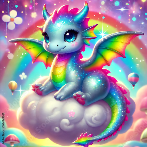 Cute Dragon with Bright Rainbow Wings, Generative Ai