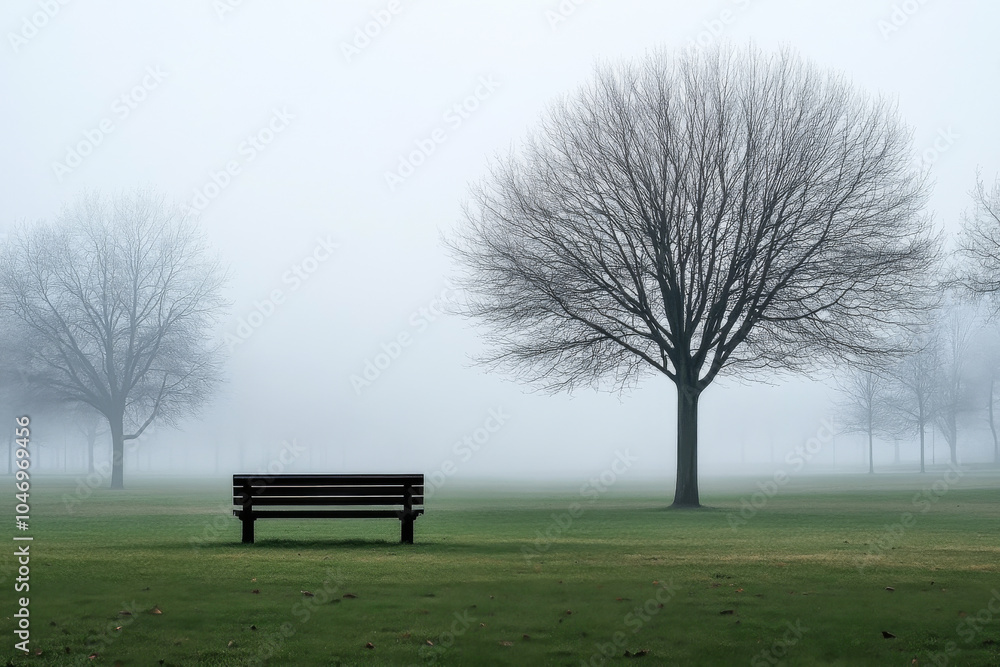 A solitary bench under bare trees in a foggy park on a cold morning A solitary bench under bare trees in a foggy park on a cold morning