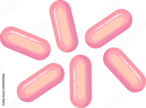 Seven pink and beige oval pills are forming a star shape over a white background, creating an abstract and minimalist composition, ideal for healthcare and pharmaceutical related projects