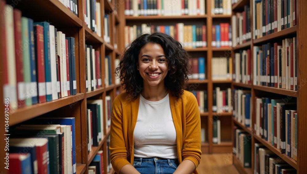 Joyful African American college student with a genuine smile and casual attire amidst bookshelves in an academic setting Joyful African American college student with a genuine smile and casual attire amidst bookshelves in an academic setting