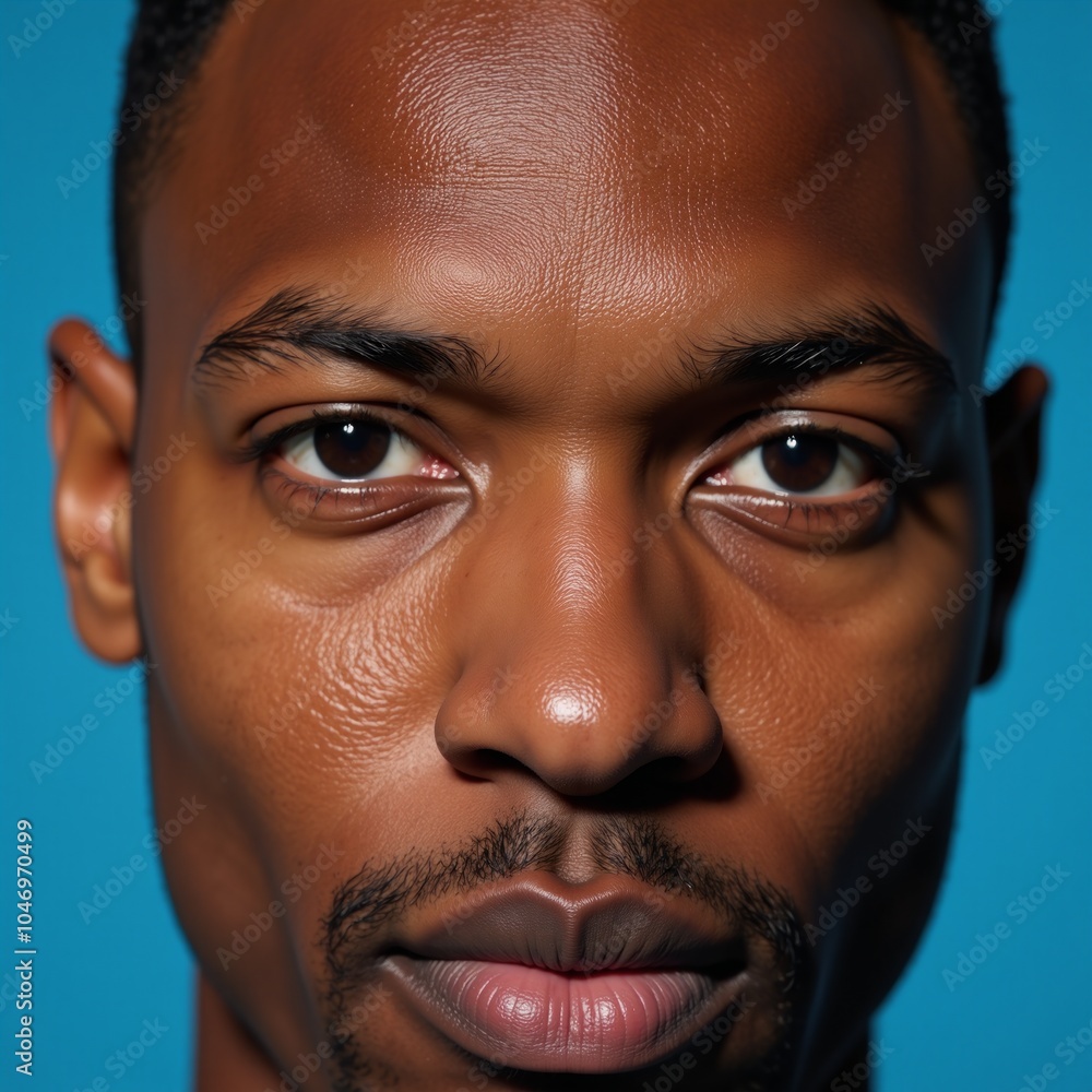 Close-up portrait featuring an African American man against a blue backdrop with emphasis on his expressive eyes Close-up portrait featuring an African American man against a blue backdrop with emphasis on his expressive eyes