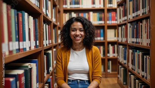 Joyful African American college student with a genuine smile and casual attire amidst bookshelves in an academic setting