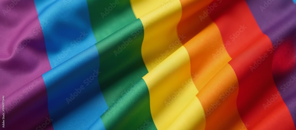 Close-up of a high-resolution rainbow flag made from satin fabric with intricate folds and creases symbolizing LGBTQ pride and diversity Close-up of a high-resolution rainbow flag made from satin fabric with intricate folds and creases symbolizing LGBTQ pride and diversity