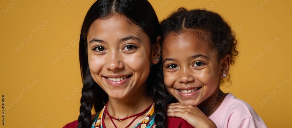 Obraz premium A Native American teenager poses alongside an adorable smiling African-American girl against a neutral backdrop