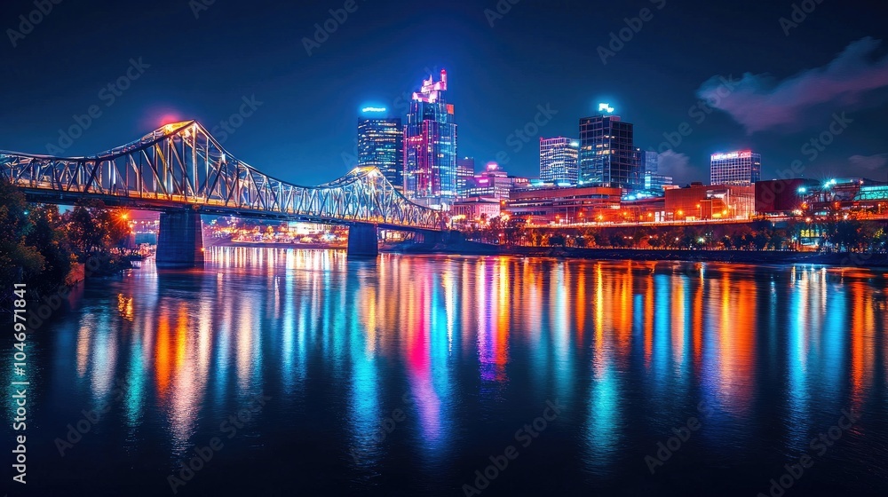 Obraz premium Nighttime Cityscape with Illuminated Bridge and Water