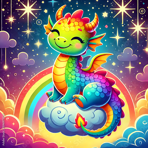 Happy Dragon with Rainbow Scales, Generative Ai