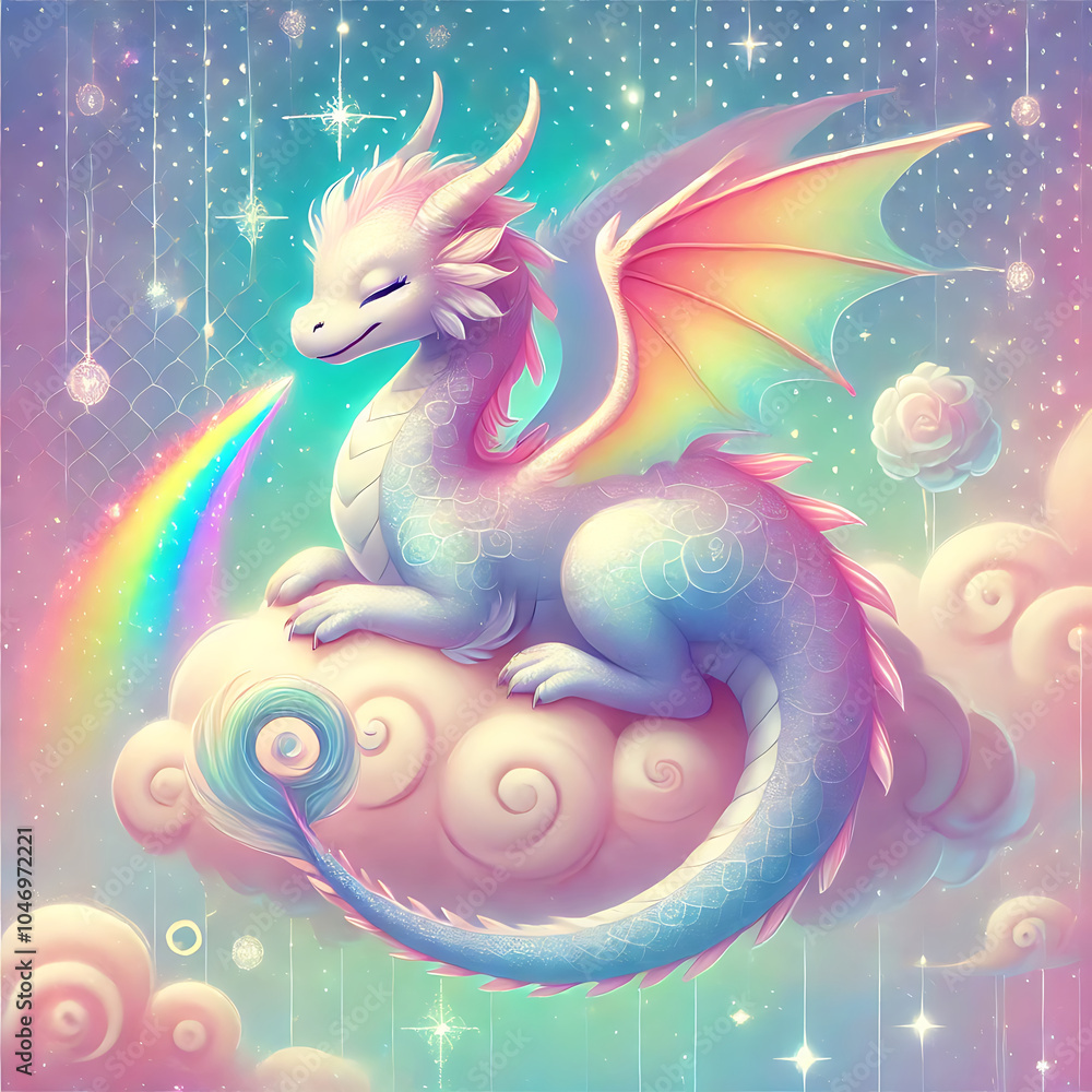 Obraz premium Pastel Dragon with a Glowing Rainbow Tail, Generative Ai