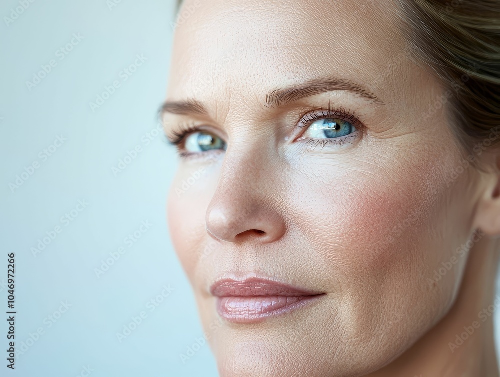 Naklejka premium Close-up portrait of a confident woman with striking blue eyes and a natural look, showcasing beauty and self-assurance.