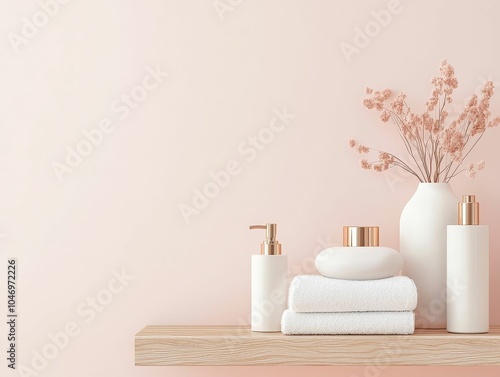 Elegant bathroom shelf with soft towels, stylish bottles, and a delicate flower vase against a minimalist pink backdrop.