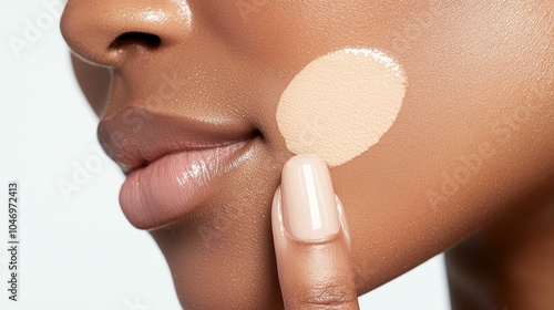 Close-up of a woman's face applying foundation on her skin, showcasing beauty and skincare routine. photo