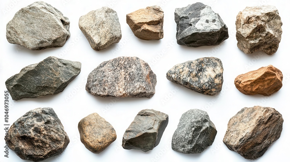 collection of large rock stones presented on a white background, highlighting their rugged textures and natural forms, evoking a sense of strength and stability collection of large rock stones presented on a white background, highlighting their rugged textures and natural forms, evoking a sense of strength and stability