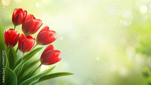 A stunning bouquet of red tulips, set against a softly blurred green nature background, offering copy space for Easter or Mother Day design elements