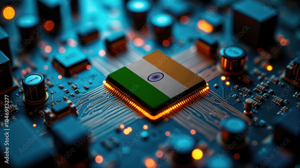 A India branded chip rests on a circuit board, surrounded by glowing components, representing significant contribution to advanced computing technology and hardware. A India branded chip rests on a circuit board, surrounded by glowing components, representing significant contribution to advanced computing technology and hardware.