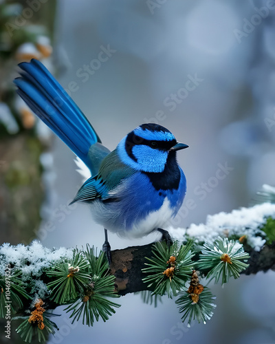 Concetto di inverno, freddo e feste di Natale: merlo bluebird in un bosco con neve e ghiaccio al freddo photo