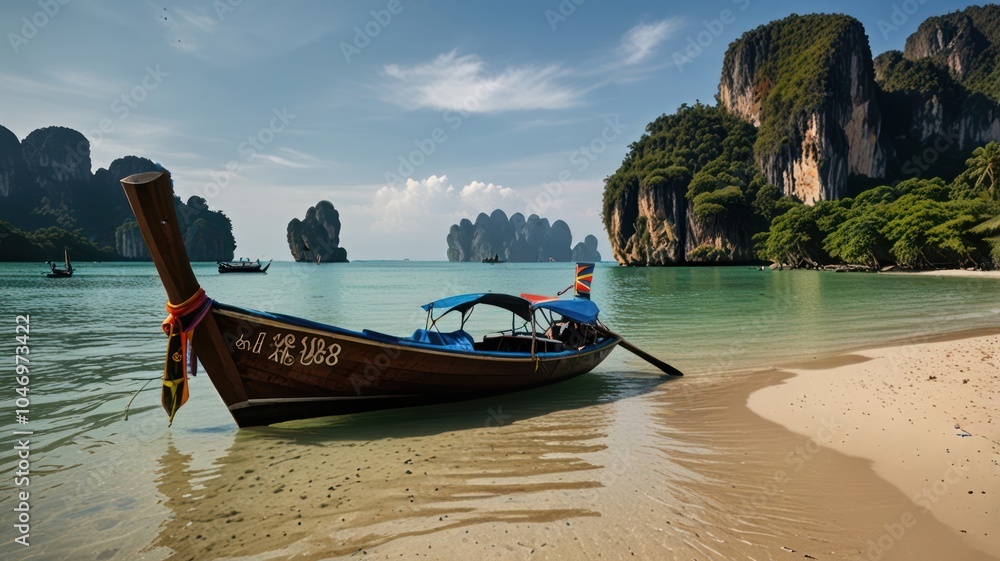 Obraz premium Traditional longtail boat on a pristine white sand beach in Thailand with turquoise water and dramatic limestone cliffs in the background.