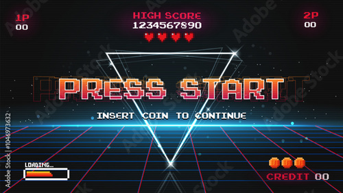 Set of arcade.pixel art .8 bit game.retro game. for game assets in vector illustrations.Retro Futurism Sci-Fi Background. glowing neon grid.and stars from vintage arcade comp