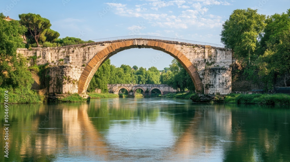 An ancient Roman stone bridge arches gracefully over a river, surrounded by lush green trees, reflecting in the calm waters below. An ancient Roman stone bridge arches gracefully over a river, surrounded by lush green trees, reflecting in the calm waters below.