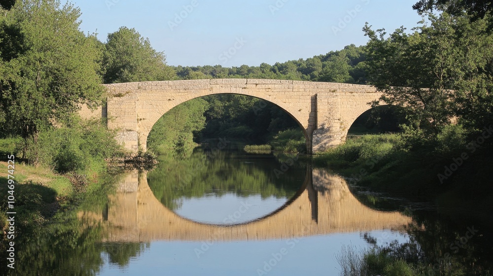 Fototapeta premium An ancient Roman stone bridge arches gracefully over a river, surrounded by lush green trees, reflecting in the calm waters below.