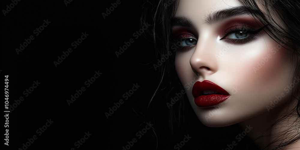Fototapeta premium Elegant Halloween Beauty Portrait With Dramatic Makeup And Dark Theme