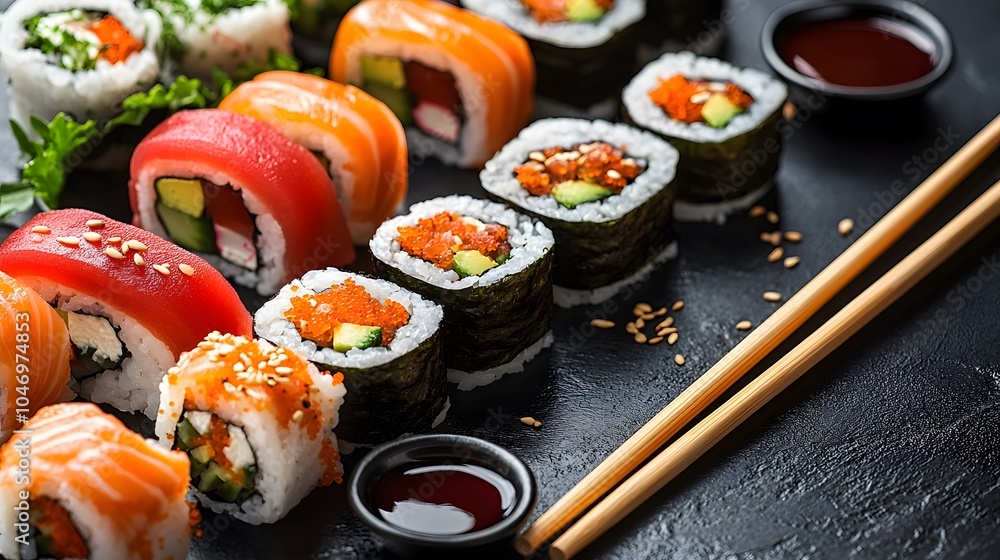 Assorted Sushi Rolls on Black Slate with Chopsticks Assorted Sushi Rolls on Black Slate with Chopsticks