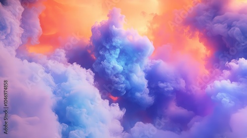 colorful explosions of bluish smoke swirl amidst bright orange, purple, and blue cloud formations, creating a mesmerizing visual of energy and movement, resembling video glitches