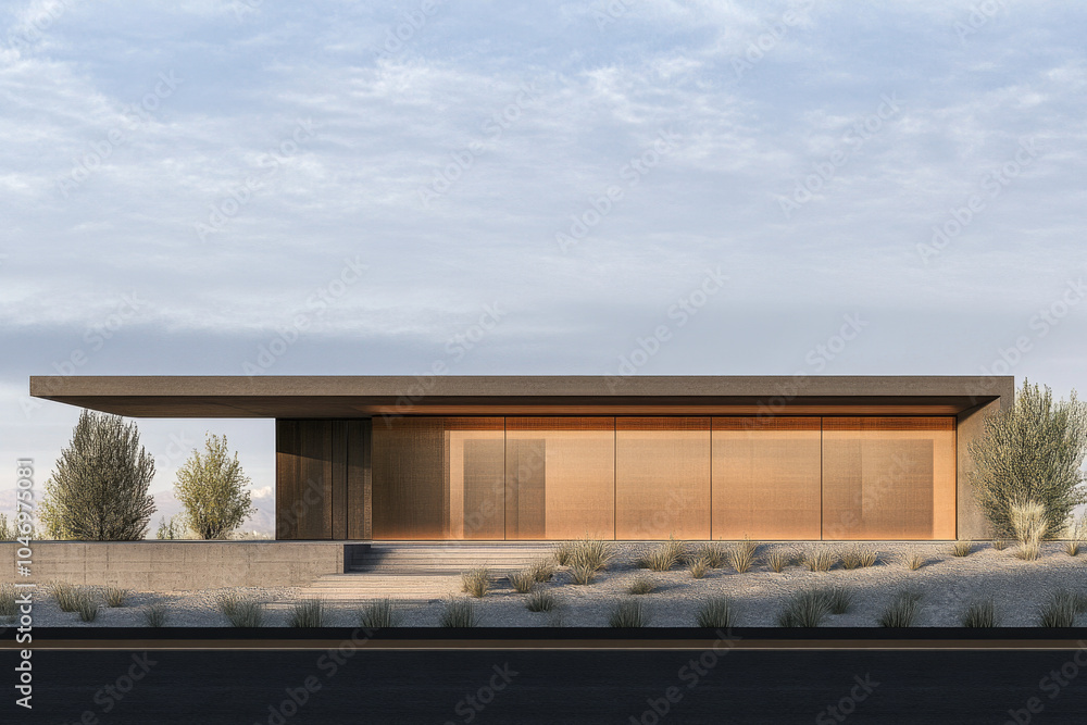 Fototapeta premium Modern minimalist house design with sleek lines and natural surroundings in daylight