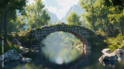 Ancient Roman stone bridge crossing a calm river, with surrounding greenery and a picturesque, peaceful atmosphere.