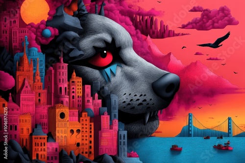 A city built into the shape of a wolf's face against a vibrant pink and orange sky by the sea, with a prominent bridge in the background; a blend of architecture and fantasy. photo