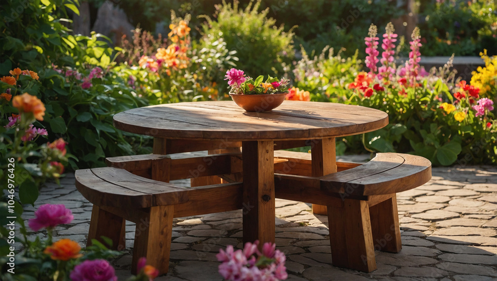 Wooden table in a blooming garden, surrounded by vibrant flowers and soft sunlight filtering through the leaves. Wooden table in a blooming garden, surrounded by vibrant flowers and soft sunlight filtering through the leaves.