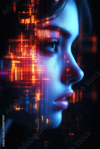 A digital side profile of a face gracefully blends with colorful data streams, illustrating the harmonious integration of human and technological realms. photo