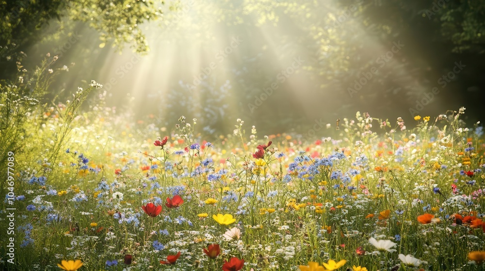 Obraz premium colorful wildflower meadow illuminated by soft sunbeams, creating a serene and inviting nature backdrop, perfect for a summer greeting card
