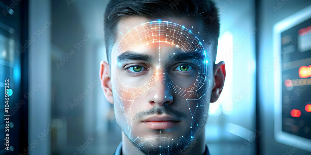 Close Up Secure Biometric Facial Recognition System Scanning Face Emphasizing Facial Biometrics Enhancing Data Security Ample Copy Space for Text Branding Photo Stock Concept Close Up Secure Biometric Facial Recognition System Scanning Face Emphasizing Facial Biometrics Enhancing Data Security Ample Copy Space for Text Branding Photo Stock Concept
